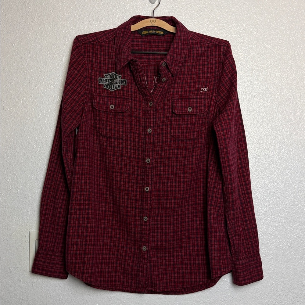 Harley-Davidson Women’s plaid Flannel Button Shirt Red Navy Large